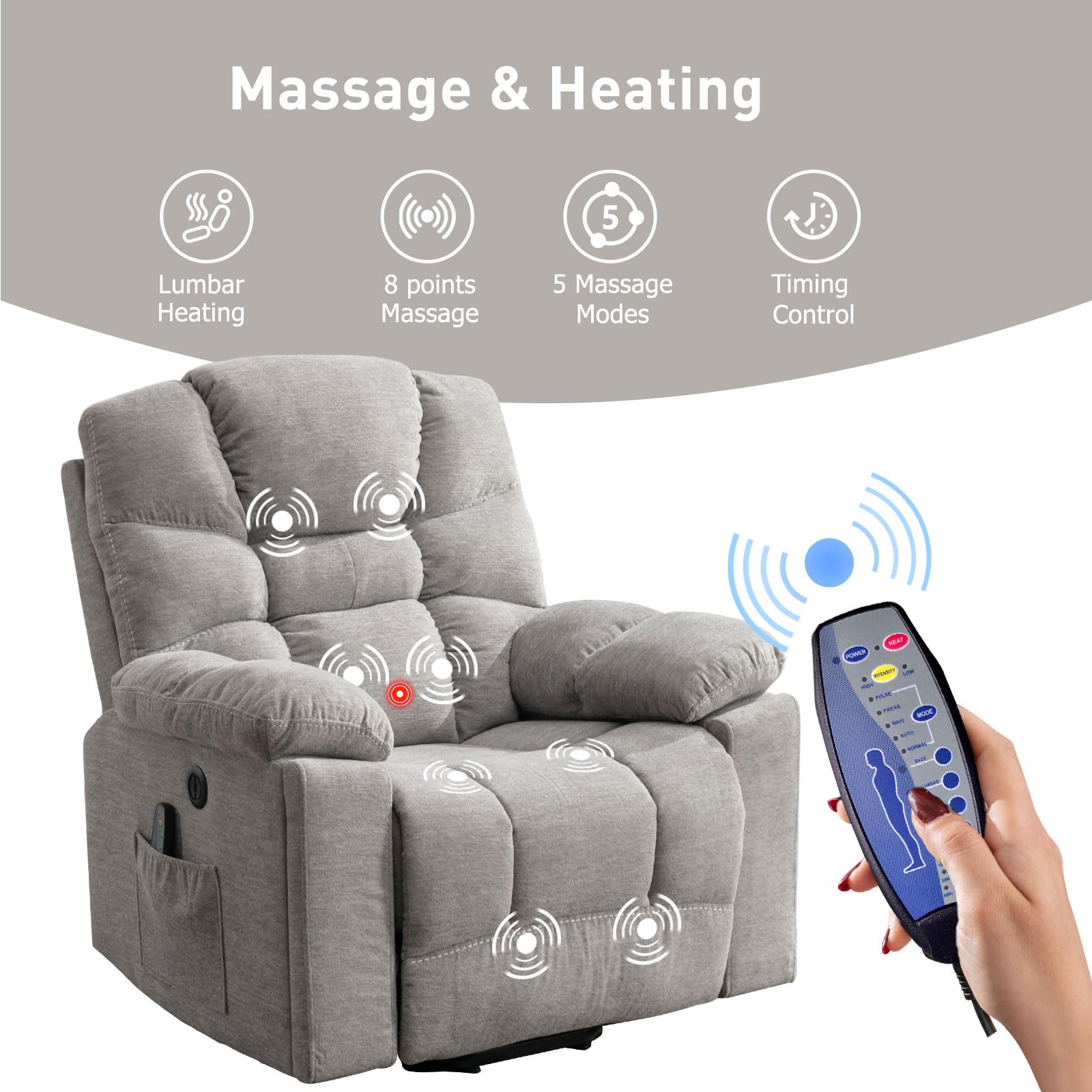 StoneCraft Light Grey Power Lift Recliner Chair with Massage, Heat and Cup Holders