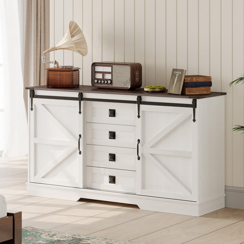 Farmhouse Dresser for Bedroom - 58'' Wide Chest of Drawers with 4 Drawers & 2 Sliding Barn Doors - Rustic Dresser TV Stand with Shelf - Dresser Organizer for Bedroom, Living Room, Dining Room - White