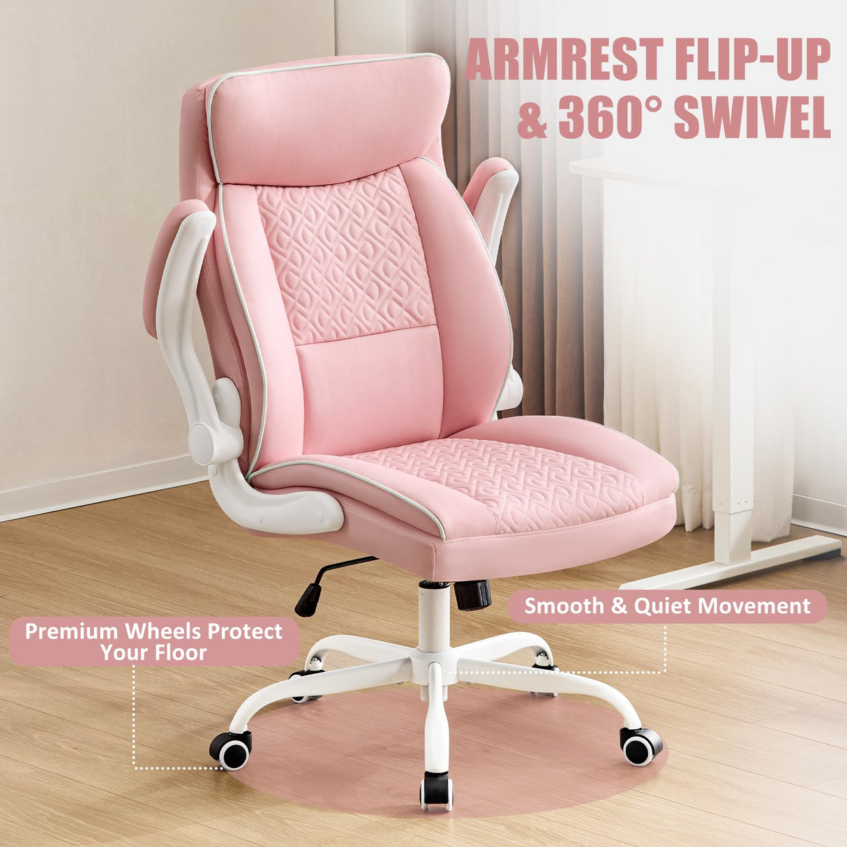 Pink Leather Office Chair with Lumbar Support & Flip-Up Armrests