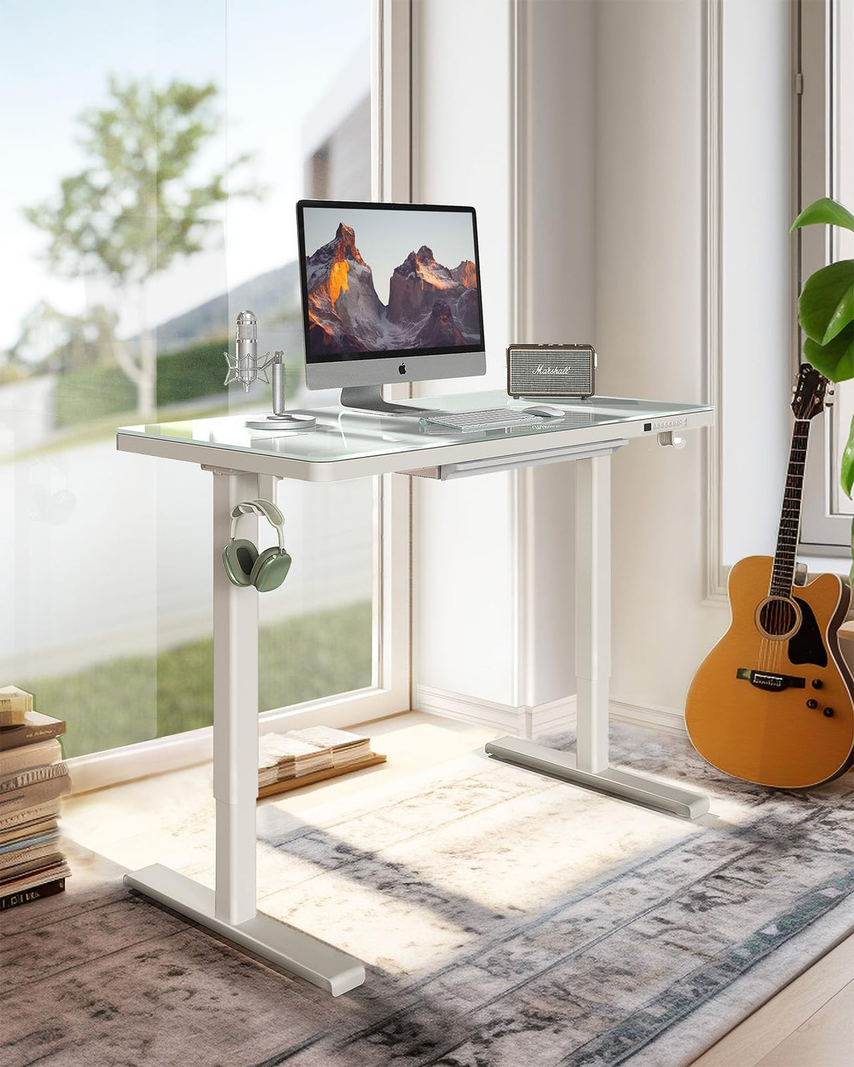 Dual Motor Electric Standing Desk with Drawers,48x24 Inch Whole-Piece Glass Desktop