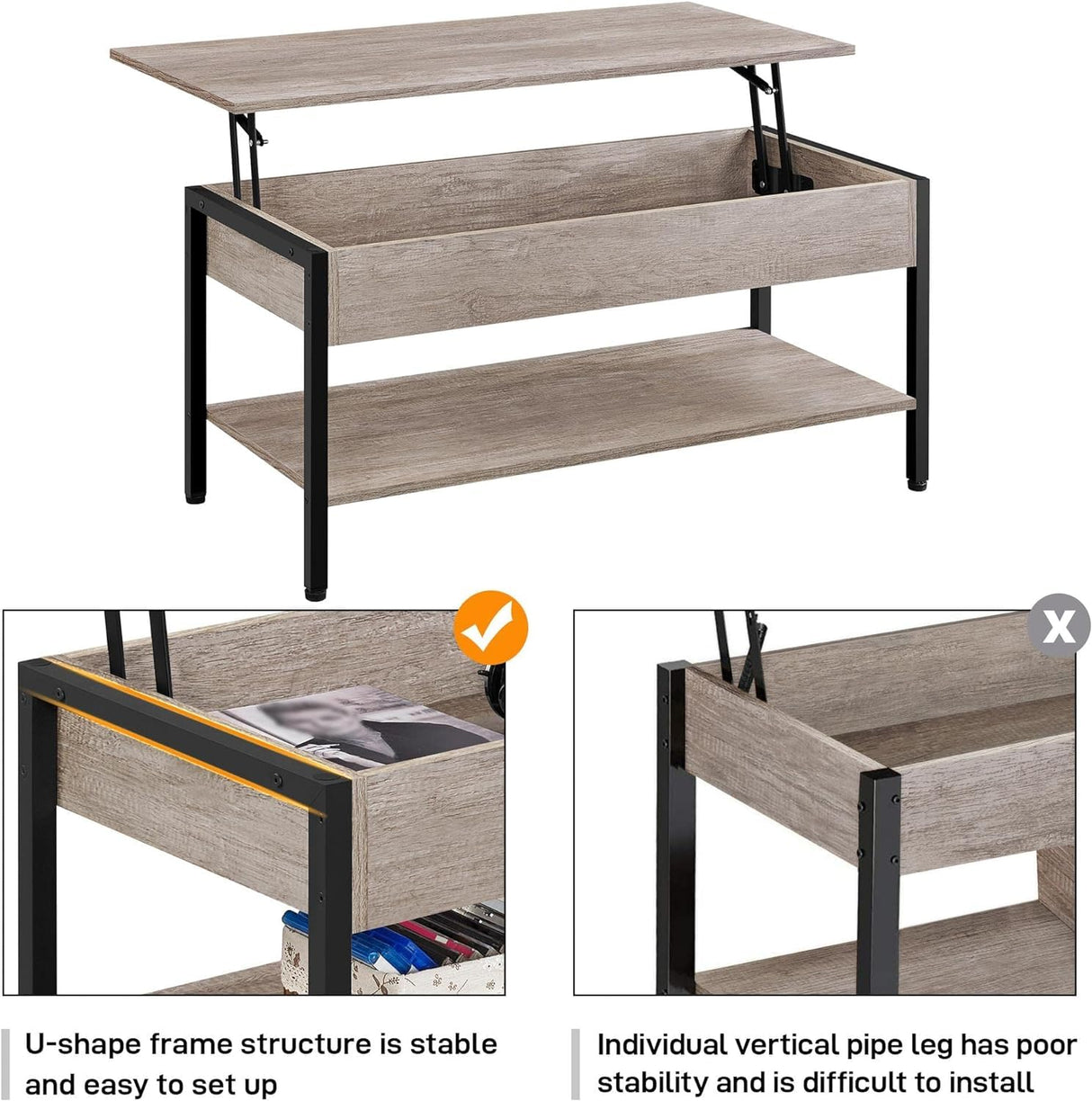 Lift Top 41 in Coffee Table with Hidden Storage Compartment, Wooden Lift Up Central Table