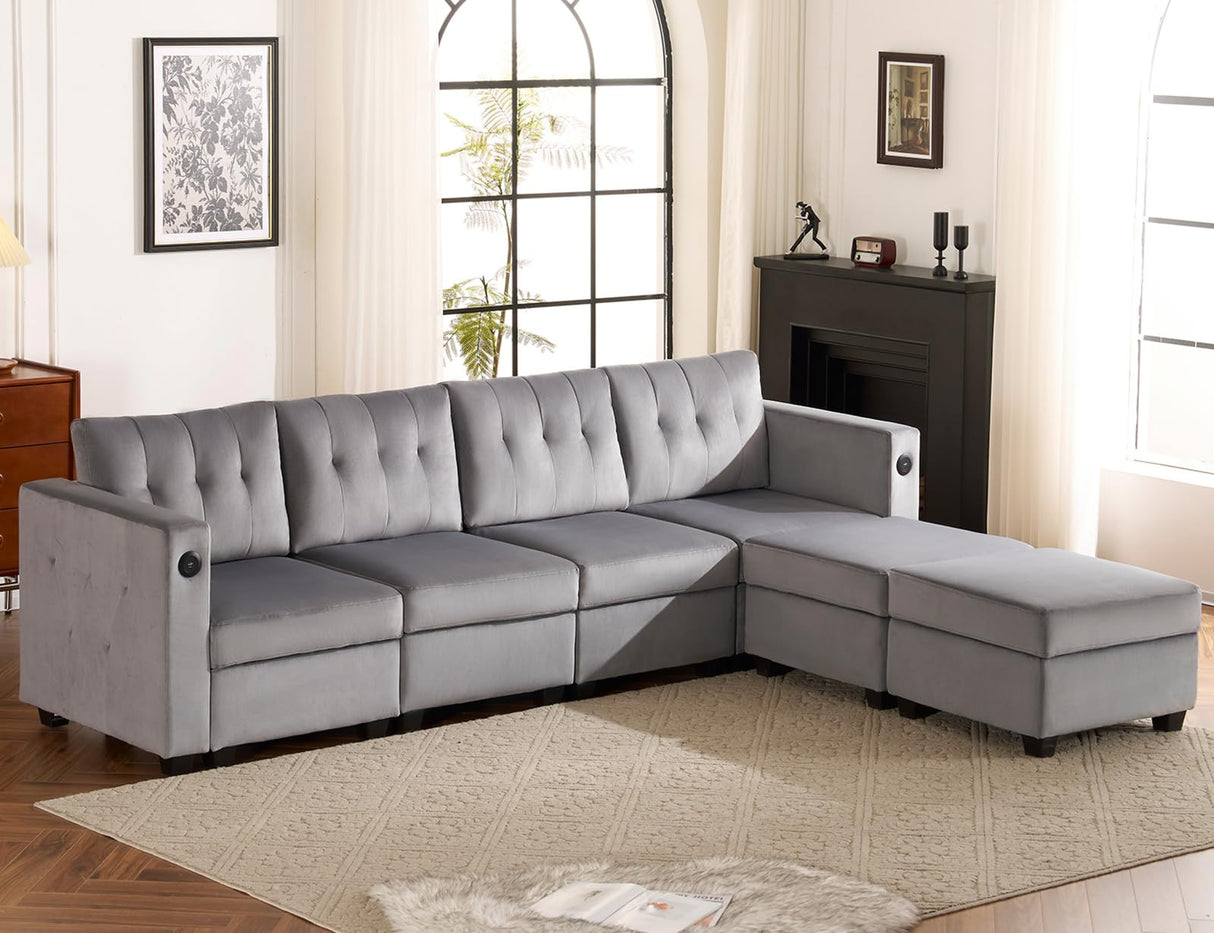 6 Seat Modular Sectional Sofa with Storage & USB Ports, 108" Velvet Couches for Living Room