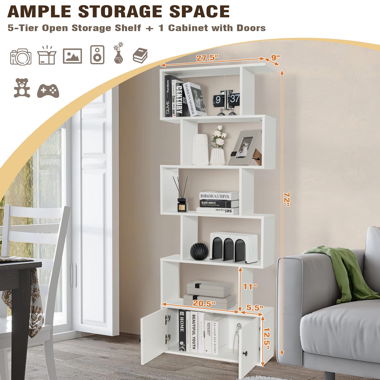 6-Tier Geometric Bookcase with Cabinet, Freestanding Display Shelves