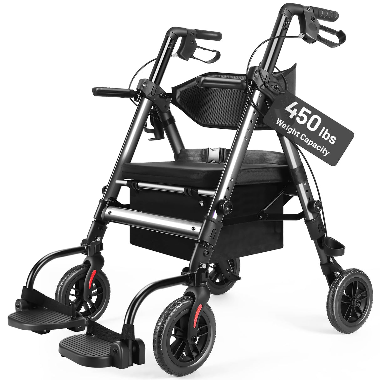 Heavy Duty Rollator Walker for Seniors with Seat, Foldable 2 in 1 Rolling Walkers Wheelchair
