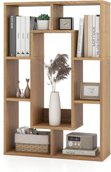 7 Cube Storage Organizer, Geometric White Bookshelf with Storage, Wood Open