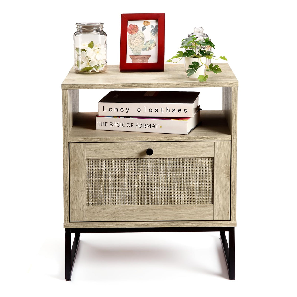 Rattan Nightstand Set of 2, Side Table with Storage, Modern Boho End Table