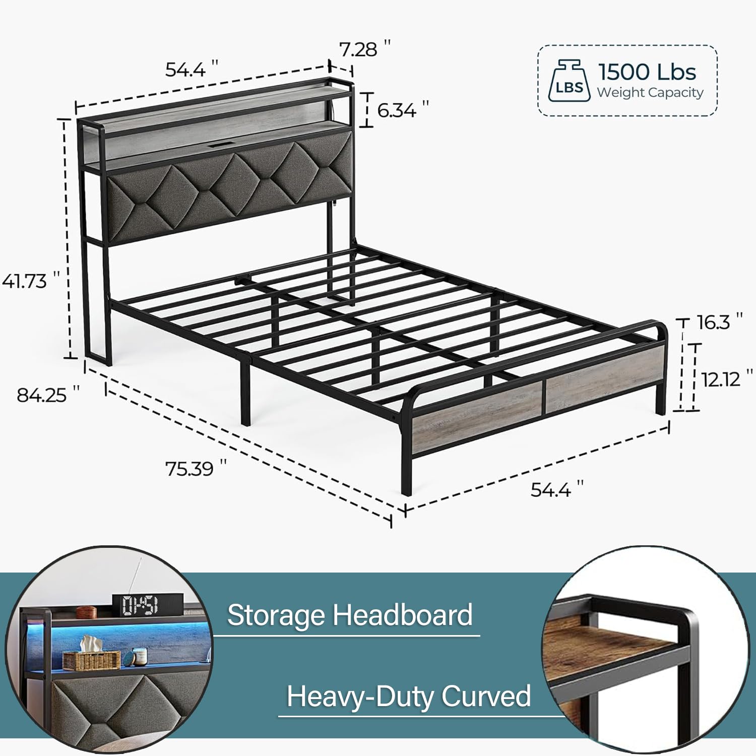 LINSY Full Bed Frame with Storage Headboard, Upholstered Platform Frame with LED and Charging Station, Metal Full Size Bed Frames, No Box Spring Needed, Easy Assembly, Rustic Grey