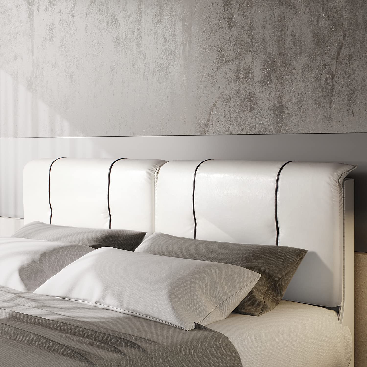 Queen Size Bed Frame Upholstered Low Profile Modern Platform Bed with Faux Leather Headboard/No Box Spring Needed/No Bed Skirt Needed (White)