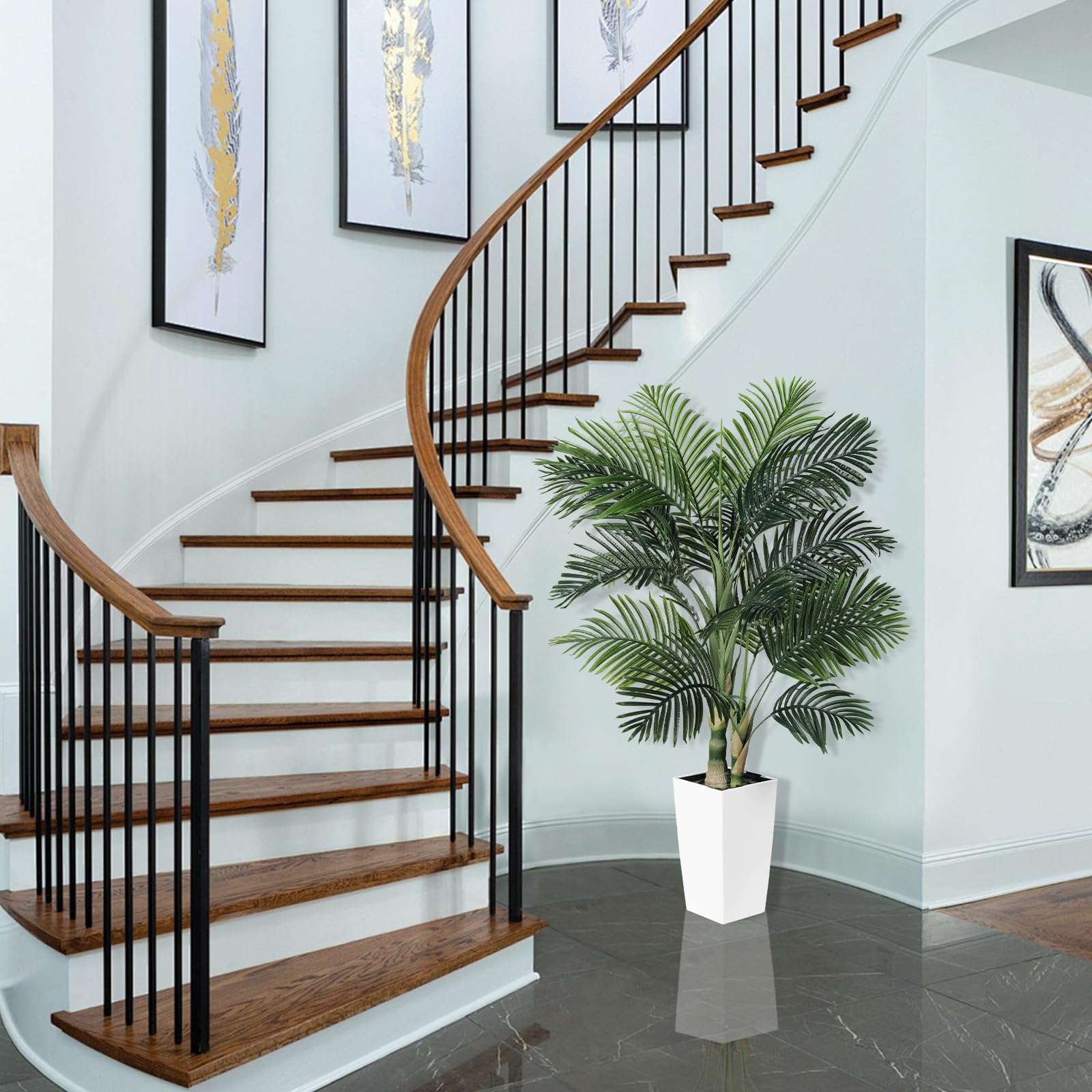 Artificial Golden Cane Palm Tree 5ft - Fake Palm Tree with White Tall Planter