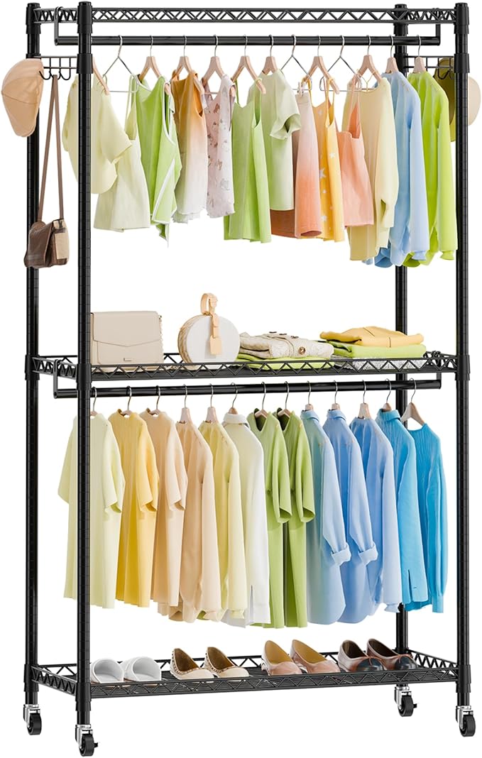 Heavy Duty Metal Clothes Rack with Lockable Wheels, 3-Tier Adjustable Garment Clothing Rack for Hanging Clothes