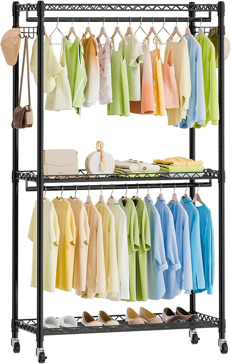 Heavy Duty Metal Clothes Rack with Lockable Wheels, 3-Tier Adjustable Garment Clothing Rack for Hanging Clothes