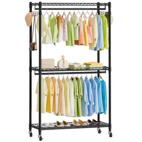 Heavy Duty Metal Clothes Rack with Lockable Wheels, 3-Tier Adjustable Garment Clothing Rack for Hanging Clothes