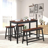 4-Piece Solid Wood Dining Table Set, Counter Height Table w/ 1 Bench & 2 Saddle Stools,