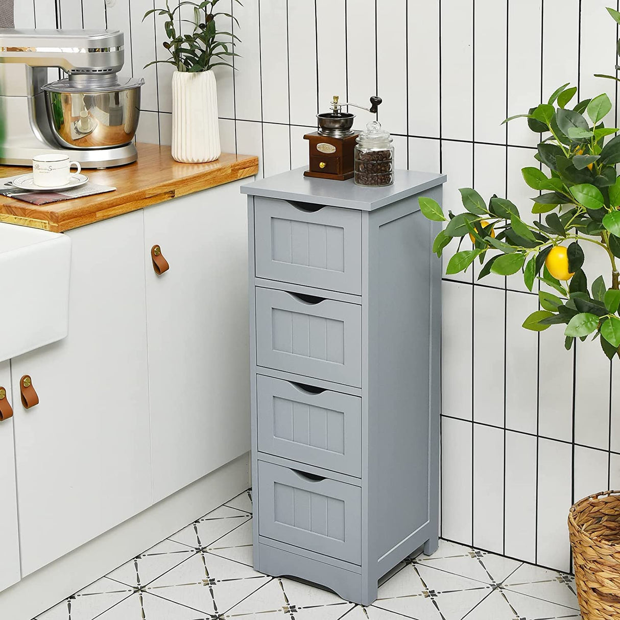 Bathroom Storage Cabinet, Grey Freestanding Floor Cabinet with 4 Drawers & Anti-Tipping Device for Bathroom Living Room Home Office,