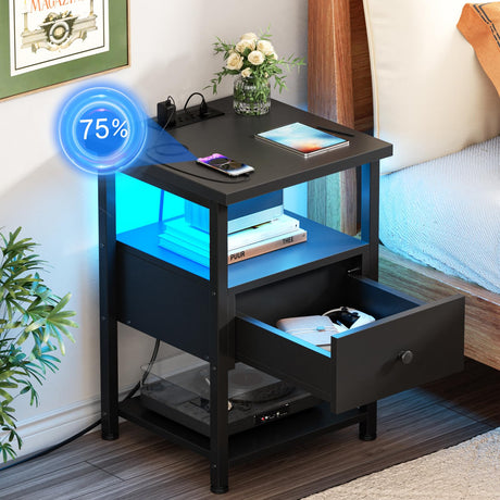 Besiost Nightstand Set of 2 with LED Lights, 3 Tier Night Stand with Charging Station