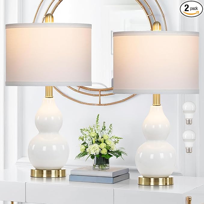 Double Gourd Ceramic Table Lamps Set of 2, Modern White Bedside Lamps for Night Stand