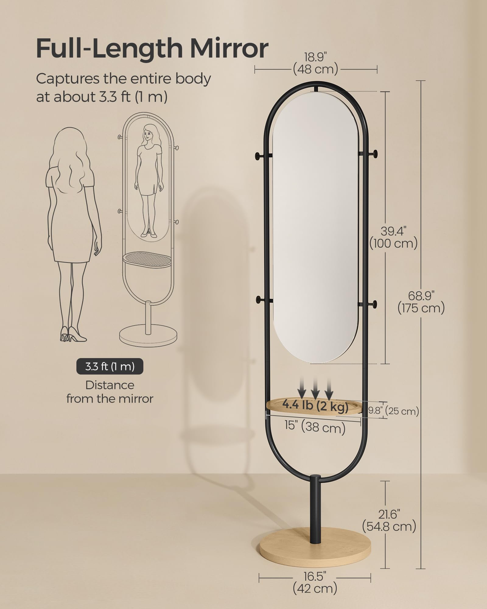 Full-Length Floor Mirror - 3-in-1 Modern Standing Design