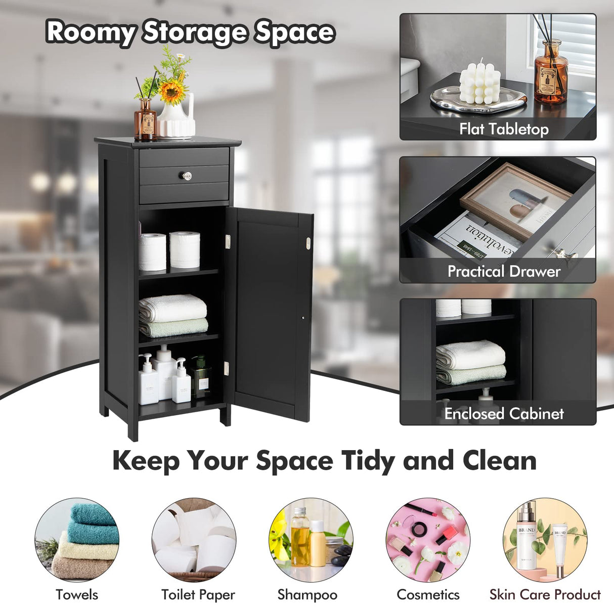 Bathroom Floor Cabinet, Freestanding Storage Cabinet with Adjustable Shelf and Drawer