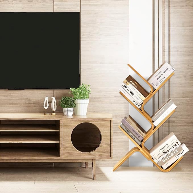 8-Tier Floor Bamboo Tree Bookshelf, Modern Standing Bookcase Office Book Storage