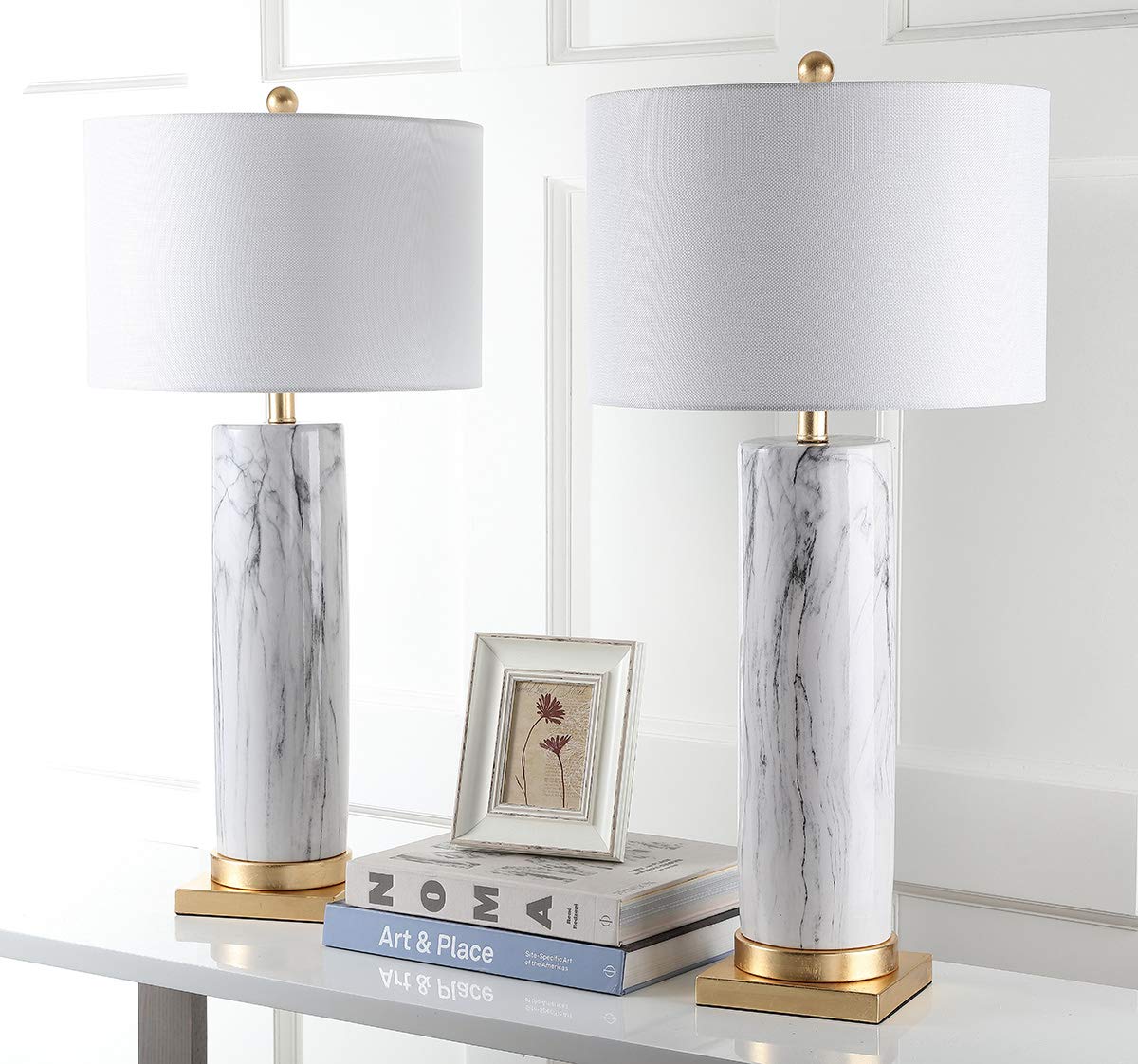 Modern Faux Marble Table Lamp Set - 31 Inch Black & White Ceramic Lamps with Chrome Base (Set of 2)