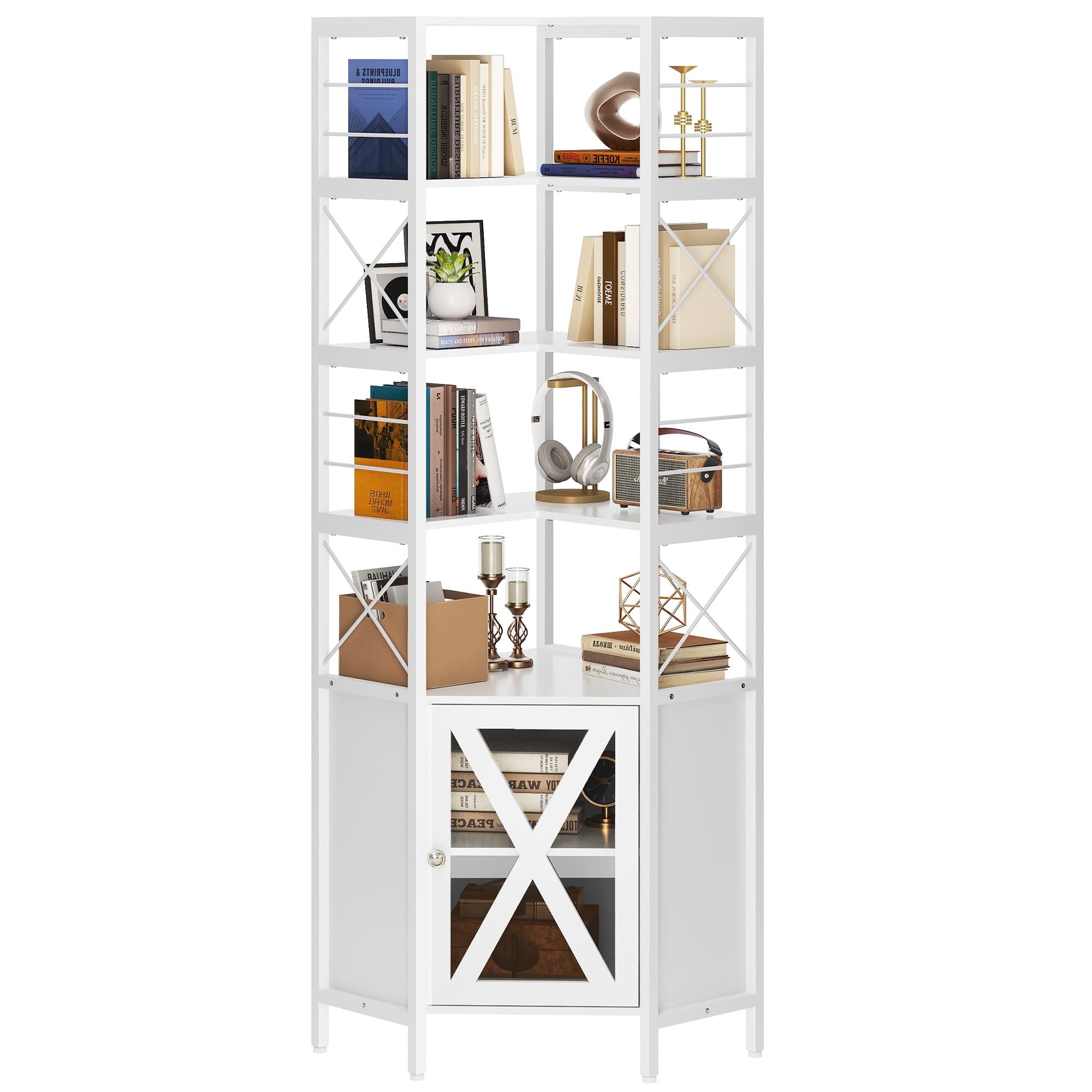 Corner Shelf with Door, 7-Tier Tall Corner Bookshelf, Corner Cabinet with Shelves