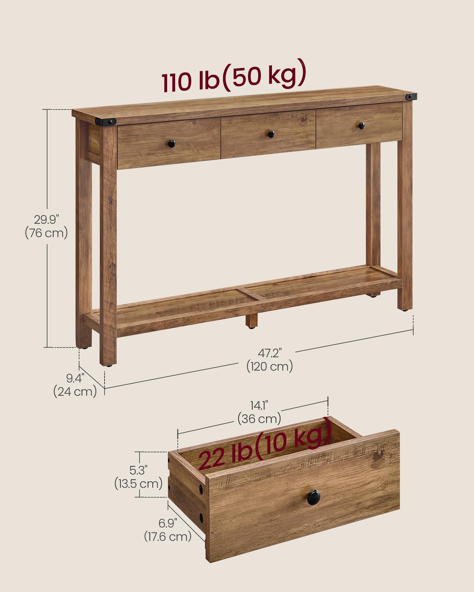 LIRY Collection Console Table with 3 Drawers - Farmhouse Entryway Sofa Table
