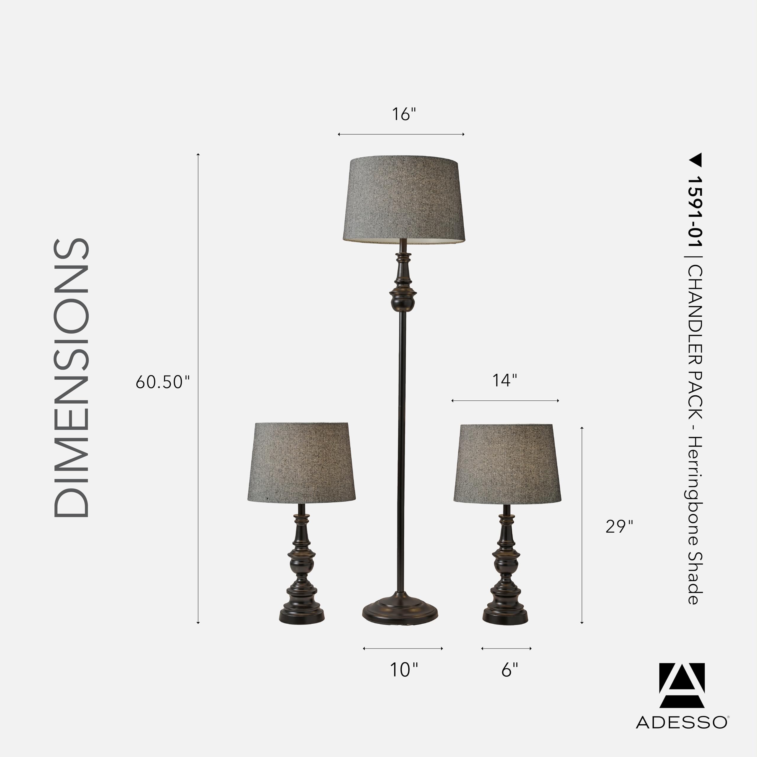 3-Piece Lamp Set with Bronze Base & Dark Herringbone Shade