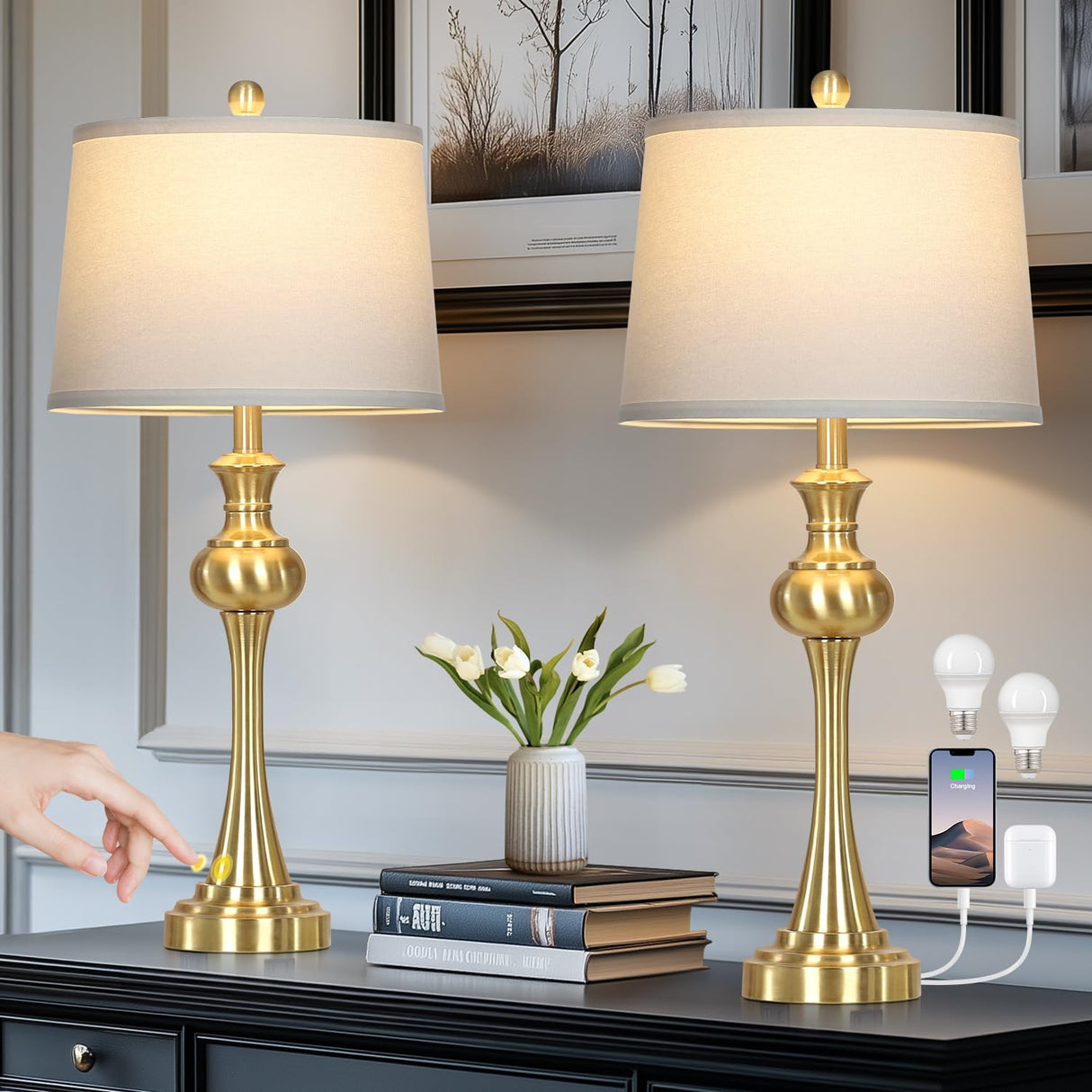 28.75" Gold Table Lamps for Living Room,Touch Lamps for Bedrooms Set of 2 - Nightstand