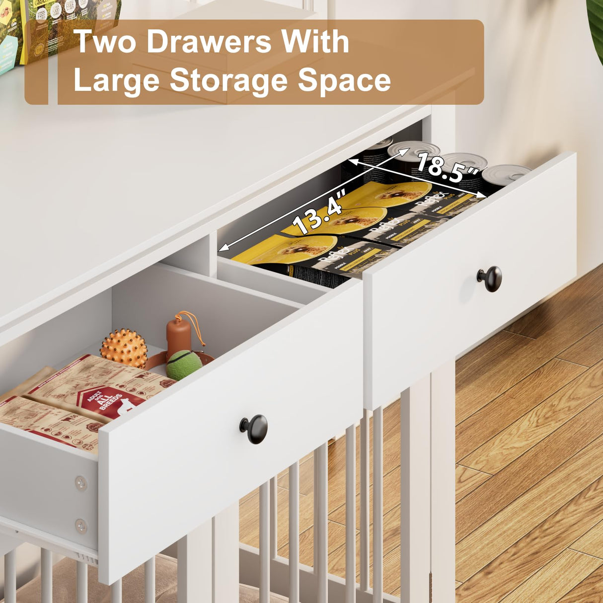 44" Large Dog Crate Furniture with Drawers - White Wooden Kennel End Table