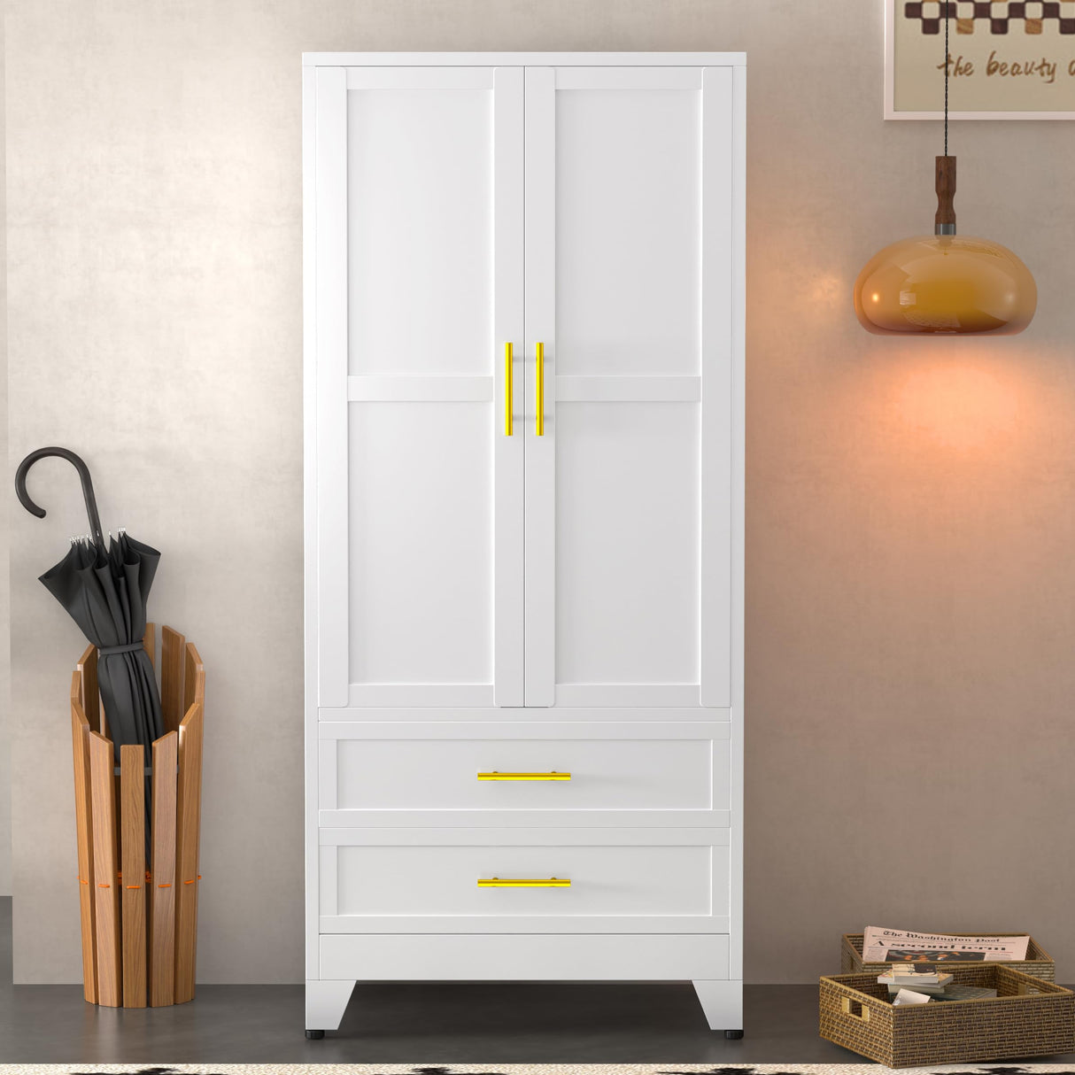 Wardrobe Closet with 2 Doors & 2 Drawers, 71" Tall Armoire Wardrobe Closet