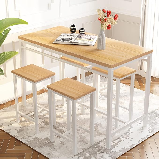 AWQM 5 Piece Bar Table Set, Modern Counter Height Dining Table and Chairs Set for 4, Wood Kitchen Table and 4 Bar Stools for Small Spaces, Apartment, Pub, Dining Room (Black)