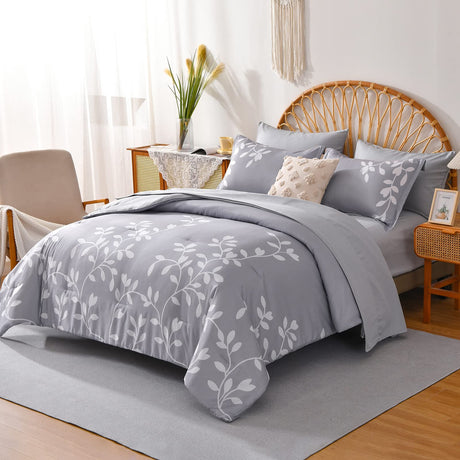 King Size Comforter Set - 7 Pieces White Floral Botanical Printed on Grey King Comforter