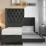 Queen Upholstered Bed Frame with Tall Headboard Wingback Platform Bed Tufted Deep