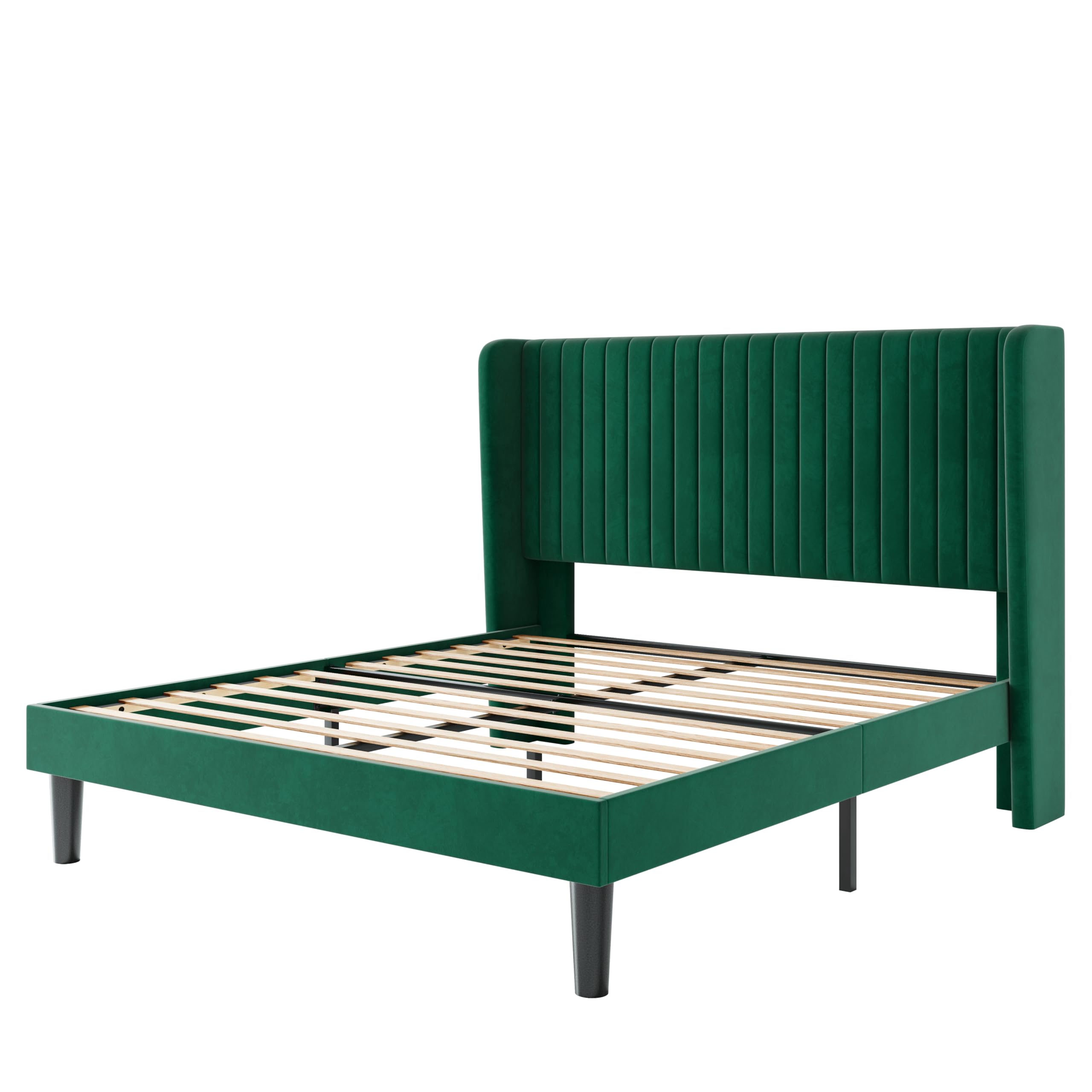 Queen Size Velvet Bed Frame with Vertical Channel Tufted Wingback Headboard