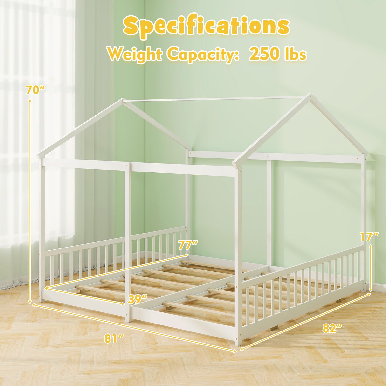 Twin Floor House Bed, House Platform Beds for 2 Kids, Double Montessori Floor Bed