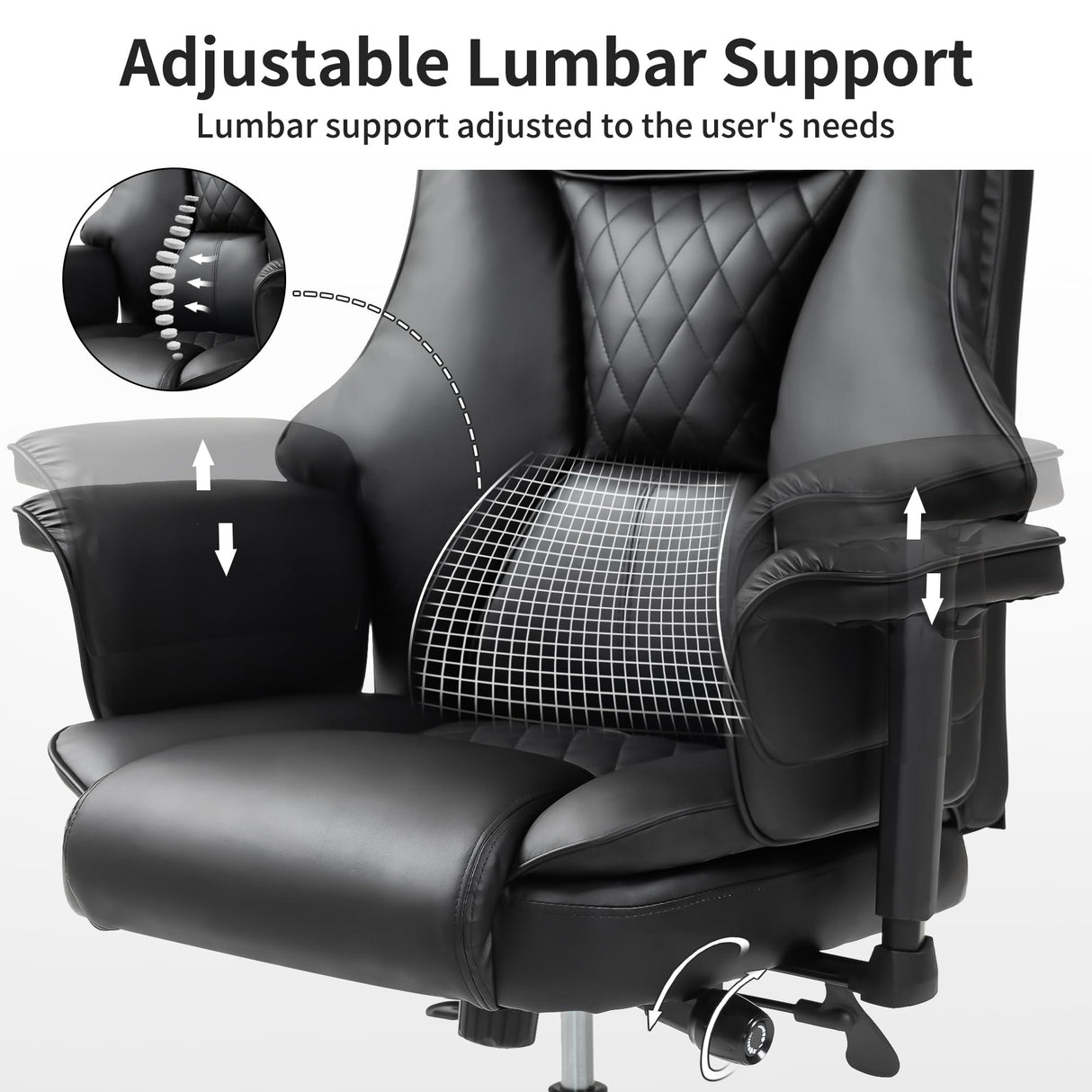 HOMEFUN Ergonomic Office Chair Executive Office Chair 330lbs Big and Tall High Back Leather Desk Chair, Adjustable Lumbar Support & Arms, 120° Recline for Office and Home Black