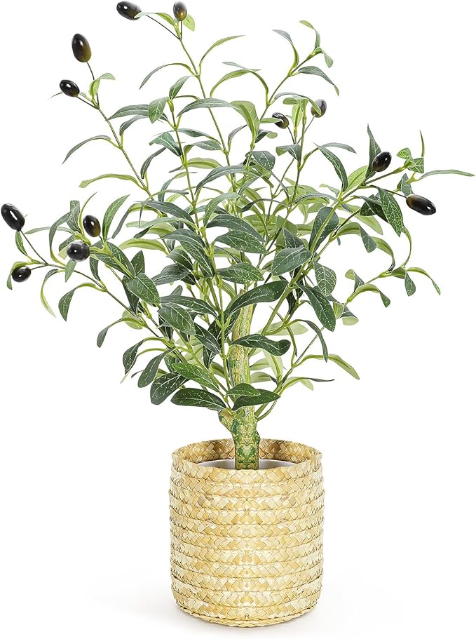 19 Inches Fake Olive Tree with Wicker Basket, Realistic Artificial