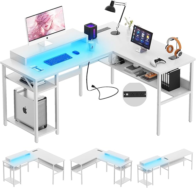 L Shaped Computer Desk with Magic Power Outlets and Smart LED Light