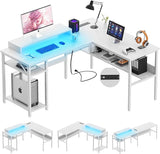 L Shaped Computer Desk with Magic Power Outlets and Smart LED Light