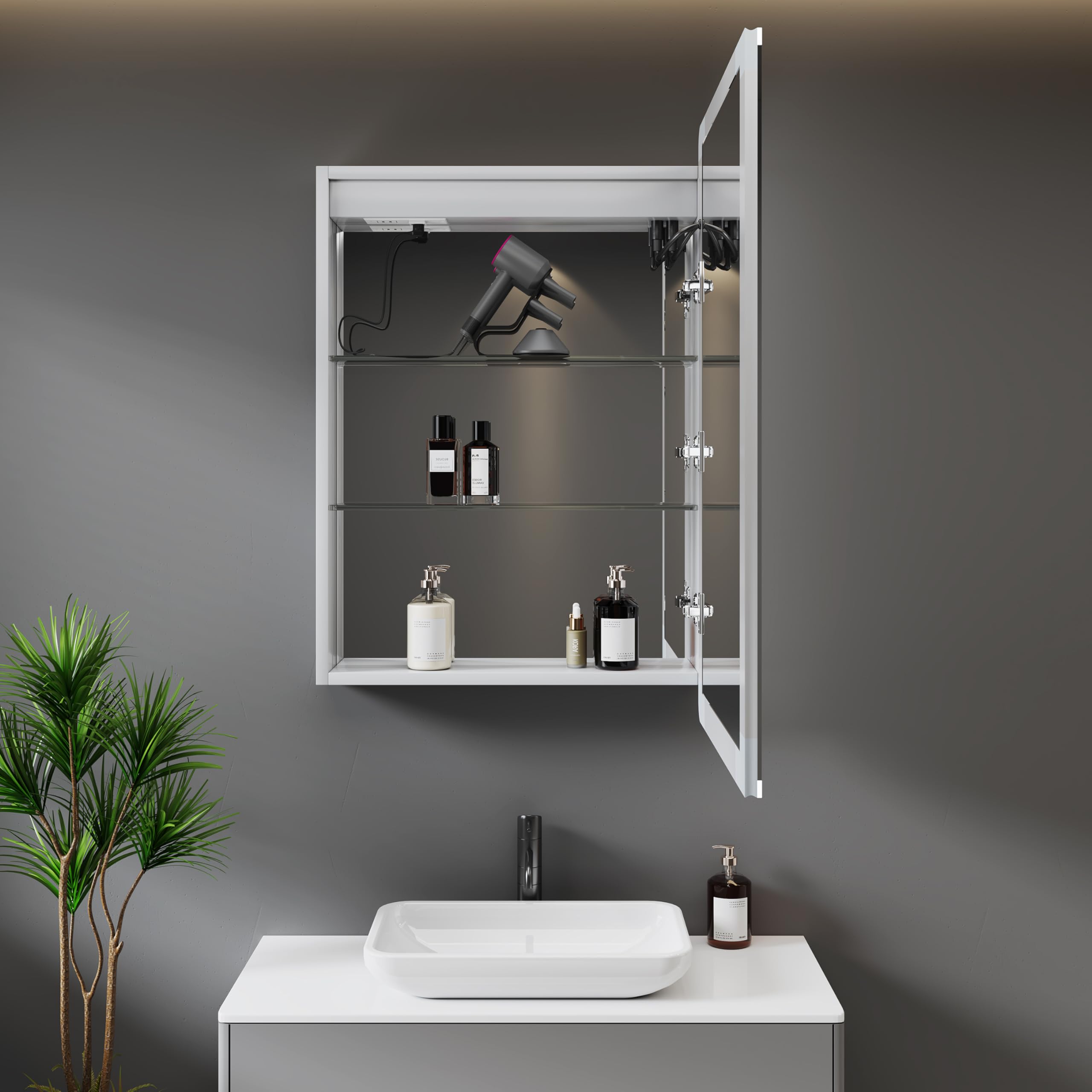 Medicine Cabinet with LED Lights and Mirror, 20 x 28 Inch Surface