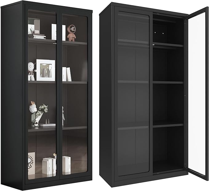Storage Cabinet with Acrylic Glass Doors and Shelves, Metal Pantry Cabinet