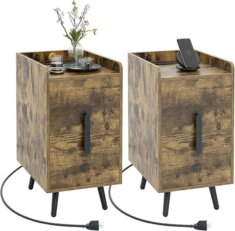 Nightstand with Charging Station, Narrow End Table with 2 Drawers & Metal