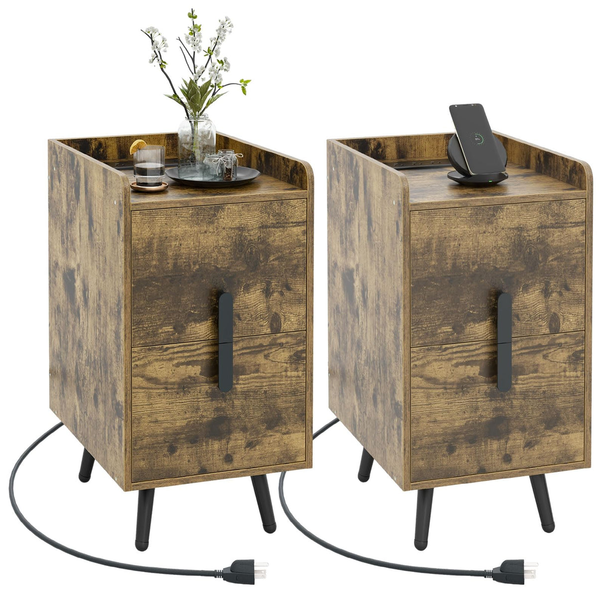 Nightstand with Charging Station, Narrow End Table with 2 Drawers & Metal Gold Legs