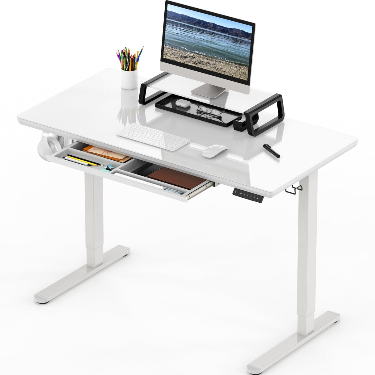 48-Inch Whole-Piece Glass Electric Height Adjustable Desk with Monitor Riser