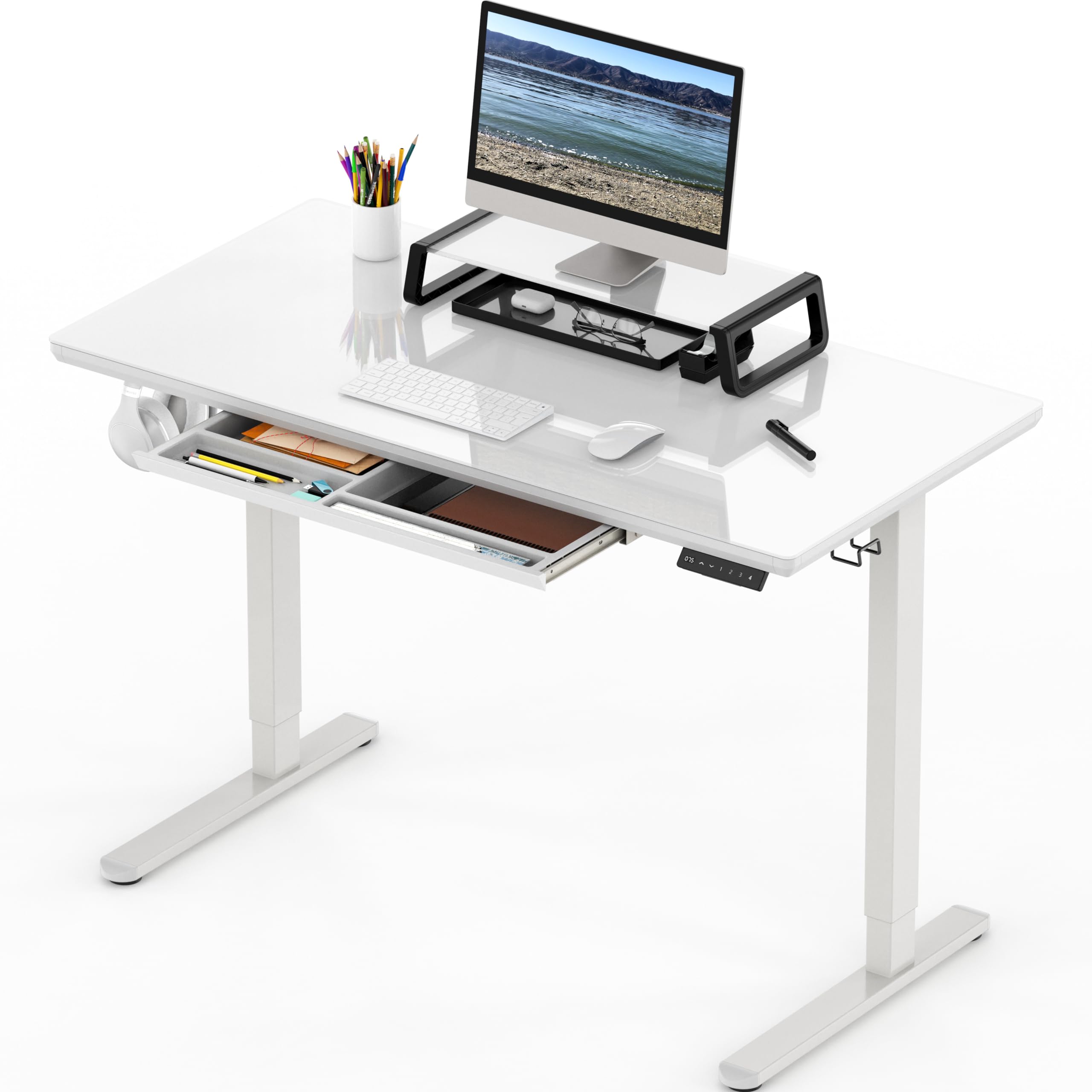 48-Inch Whole-Piece Glass Electric Height Adjustable Desk with Monitor Riser