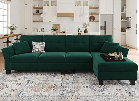 Velvet Sectional Couch L Shaped Sofa 4 Seater Sofa with Chaise L-Shaped