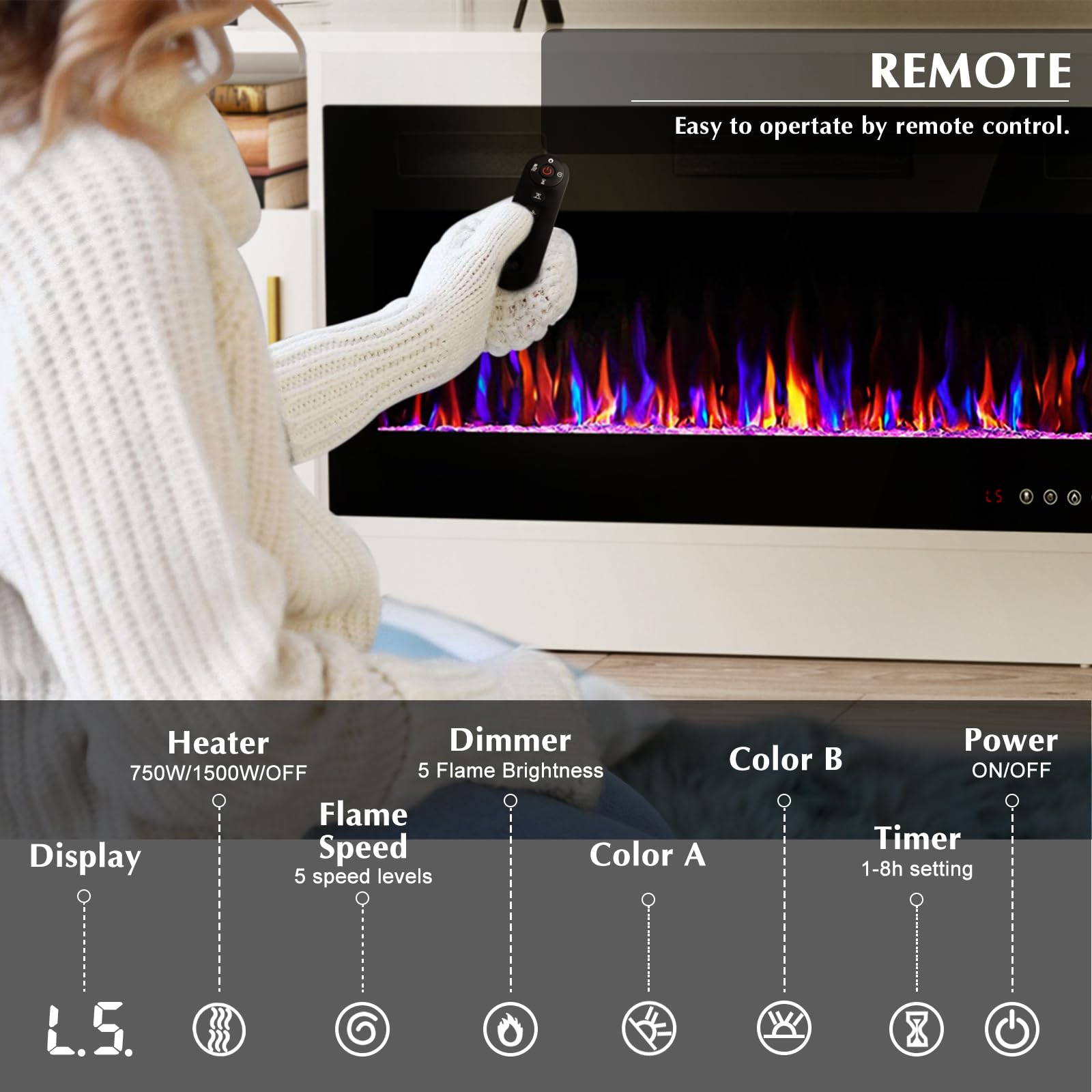 Fireplace tv Stand with 36 inch Fireplace Up to 80" TVs,LED Light Entertainment Center