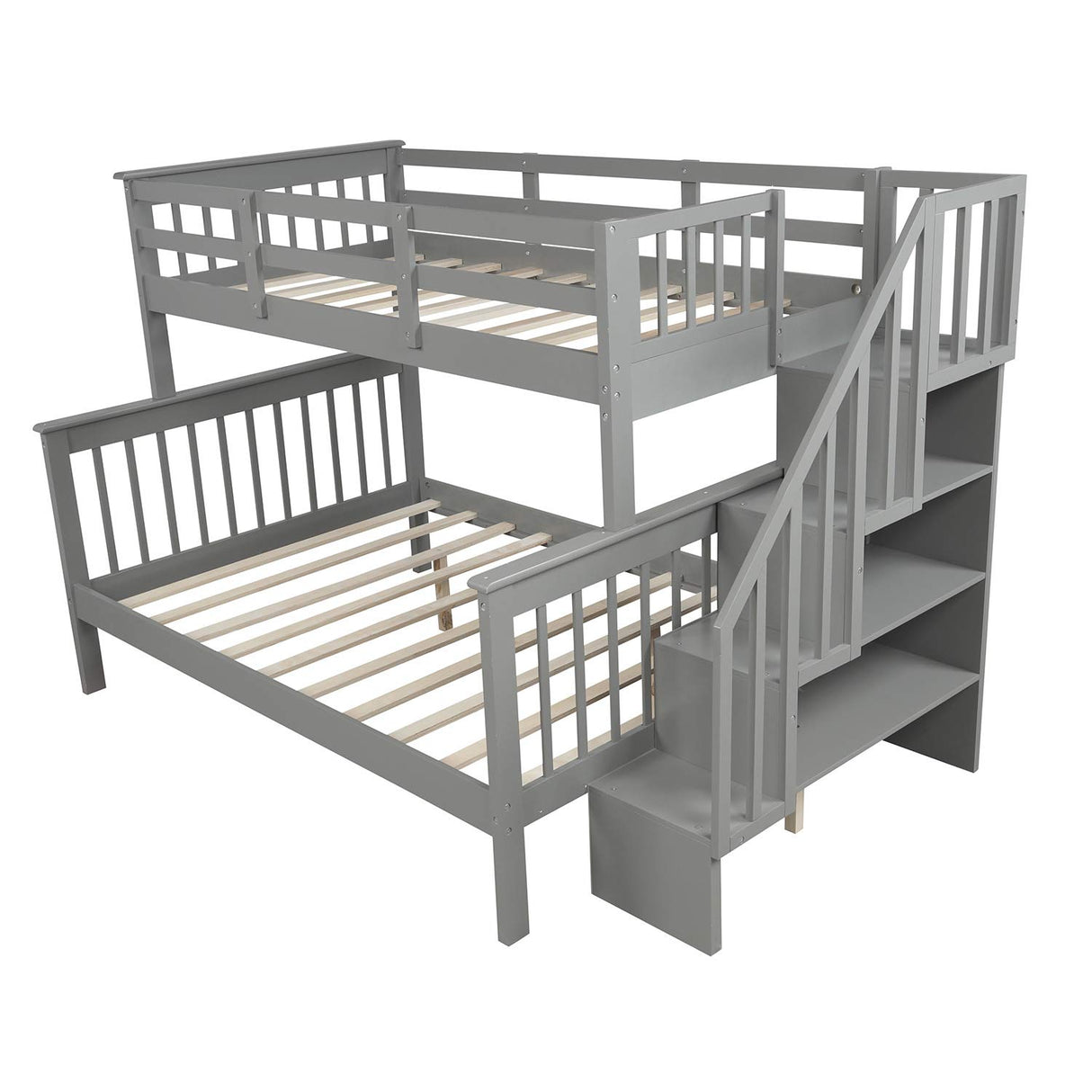 Bunk Bed with Staircase, Twin Over Full Bunk Bed with Storage, Bunk Bed Frames with Stairs, Convertible Bunk Beds for Teens, Kids(Grey)