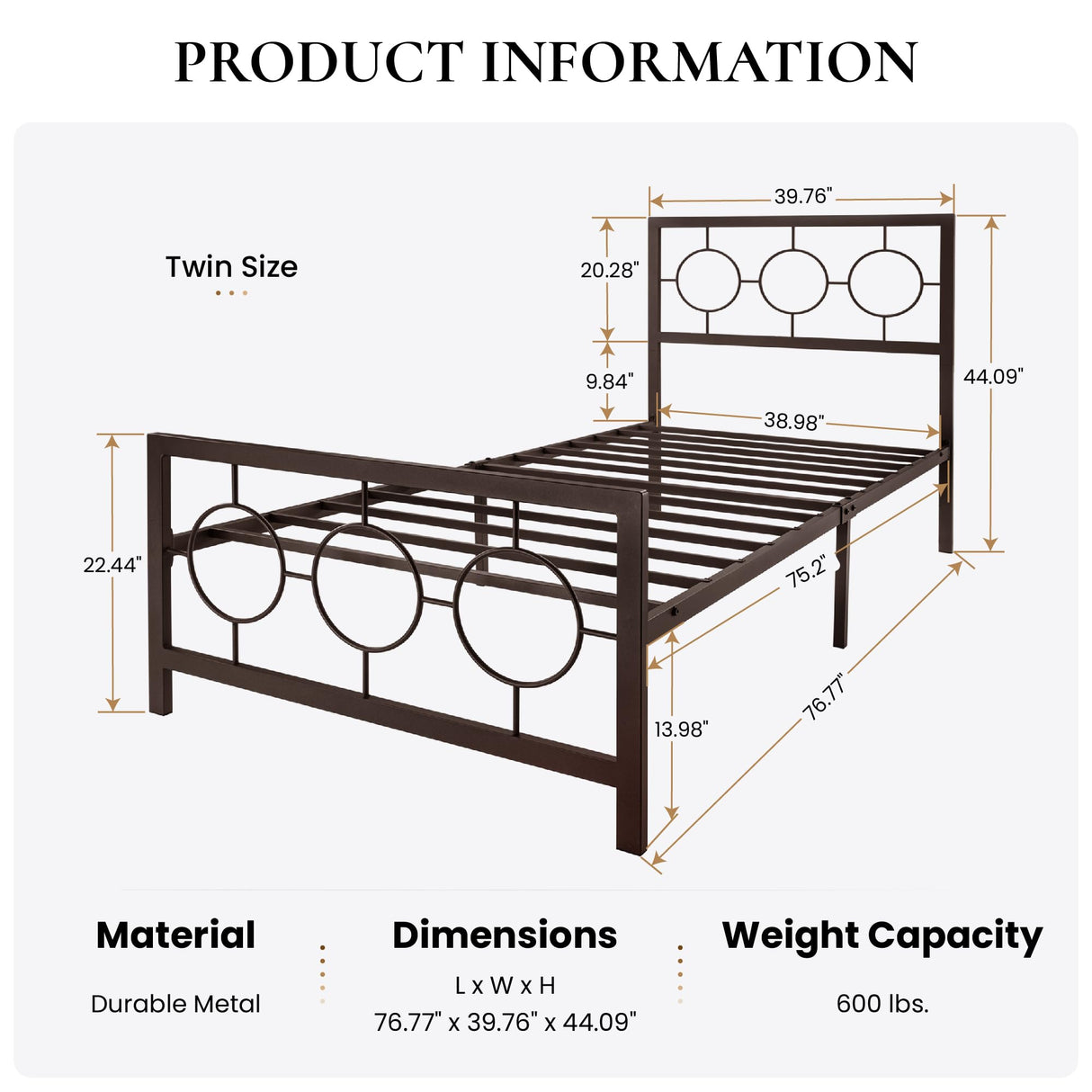 Twin Metal Bed Frame with Vintage Circular Design Headboard and Footboard, No Box