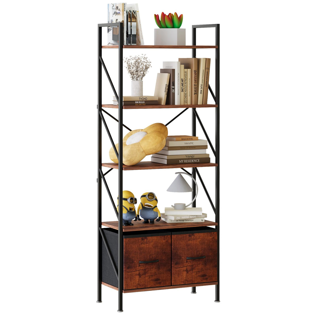 Bookshelf Bookcase with 2 Drawer,Tall Book Shelf Display Standing Shelf Units,Wood Book Rack Shelves Storage Organizer for Bedroom Home Office Kitchen Living Room, 23.4 in(Rust Brown,2 Drawers)